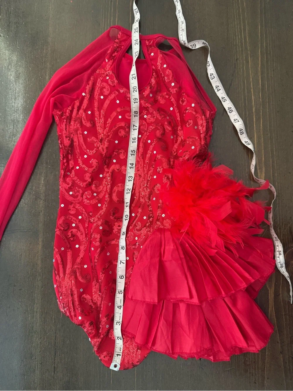 Weissman Red Sequin Ruffle Dance Costume with Feather Accent